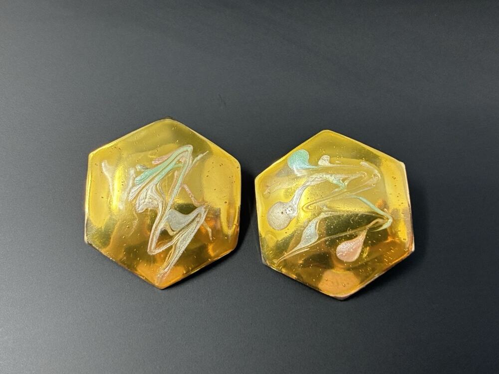 Vintage GoldTone Enamel Post Earrings Hexagon Abstract Swirl Statement Modernist